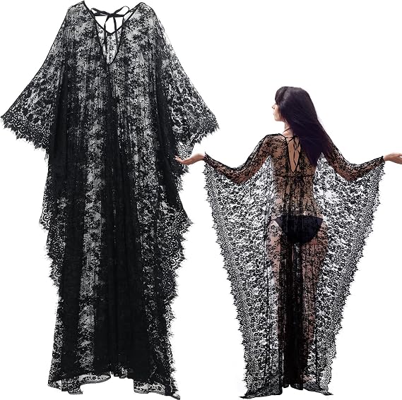 Mepase Boho Witch Lace Kimono Kaftan Dress Robe Beach Bikini Swimsuit | Women Maternity Cover up, Halloween Vampire Costume, Witch Party Favor