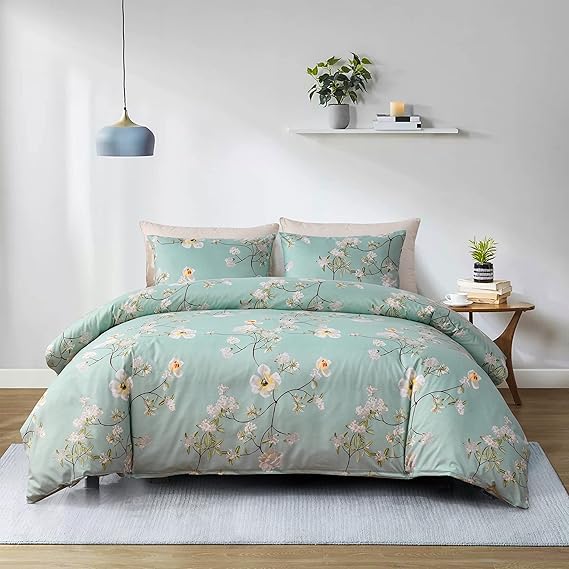 GETIANN Green Floral Duvet Cover Set Queen Comforter Cover Full 90"x90" with Pillow Shams Hotel Soft Lightweight Bedding Set