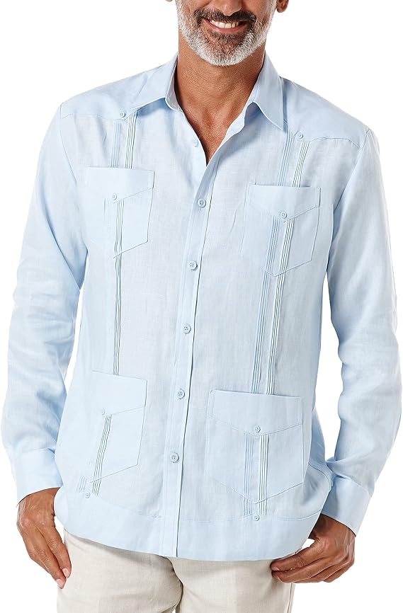 Cubavera Men's 100% Linen Four-Pocket Long Sleeve Button-Down Guayabera Shirt (Available in Big & Tall), Cashmere Blue, X-Large