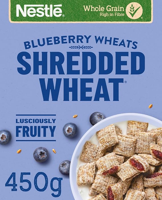 Nestlé Cereals - Shredded Wheat Breakfast Cereal - BitesizeBlueberry Wholegrain Biscuits, High Fibre, No Added Sugar - 450g