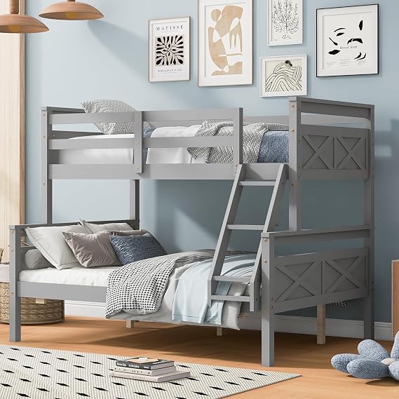 Merax Twin Over Full Bunk Bed with Ladder & Safety Guardrail, Wooden Bunk Bed Frame for Kids Adults Teens Bedroom, Convertible to 2 Separated Beds, No Box Spring Needed, Easy Assembly, Gray
