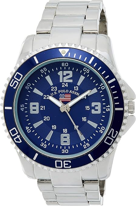 U.S. Polo Assn. Mens Stainless Steel Analog Watch with Blue Dial, Luminous Hands, Fixed Bezel, Removable Link Bracelet, Classic Sport Design, Fits Wrist Sizes 5.5" to 8" Adjustable
