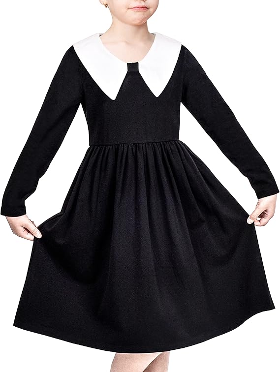 Sunny Fashion Girls Dress White Collar Long Sleeve Daily Cozy Cotton Casual Dress Size 5-10