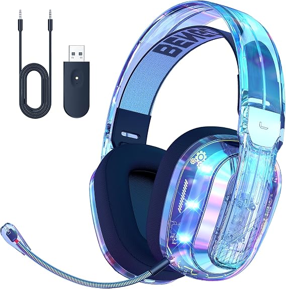 BENGOO Wireless Gaming Headset for PS5, PS4, PC, Switch, Mac, 2.4GHz USB Over Ear Gaming Headphones with Crystal RGB Lights, Bluetooth 5.3, Noise Isolating Microphone, 3.5mm Wired for Xbox