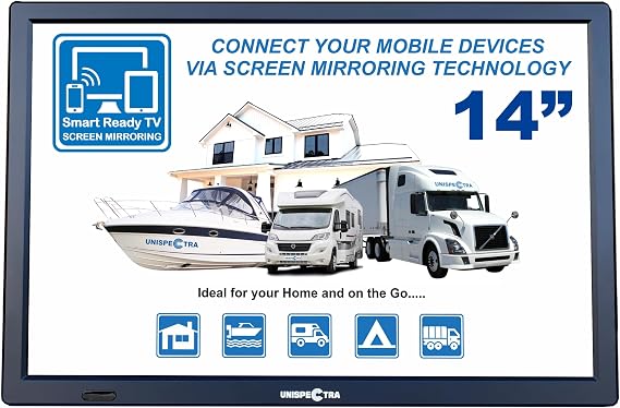 Unispectra ® 14 inch LED 240v (volt) 12v TV Screen Share Freeview & FM Tuner, USB. 12V TVs for Motorhomes, Campervan, Caravan TV, Camping, Truck, Lorry, Van, Boat, Kitchen, Bedroom [Energy Class E]