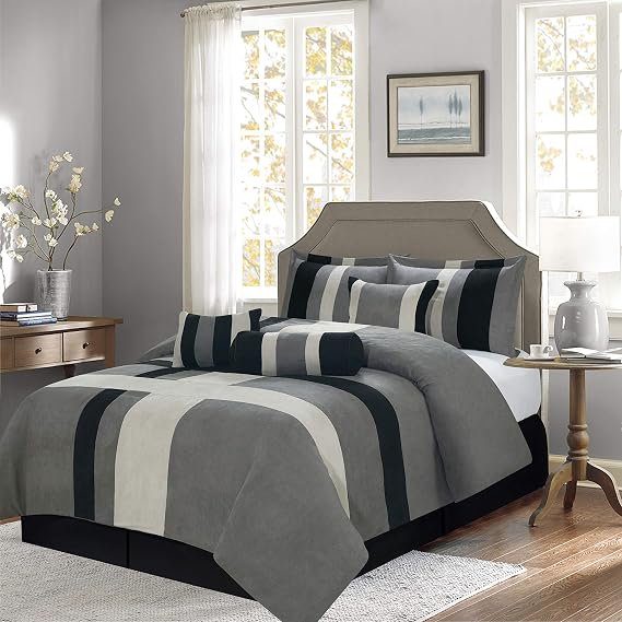 Empire Home Luxurious 7-Piece Micro Suede Soft Comforter Set - Black, White & Gray - Full/Queen/King/California King (Queen)