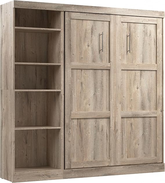 Bestar Full Murphy Bed with Shelving Unit, Rustic Brown, Pur, 84W