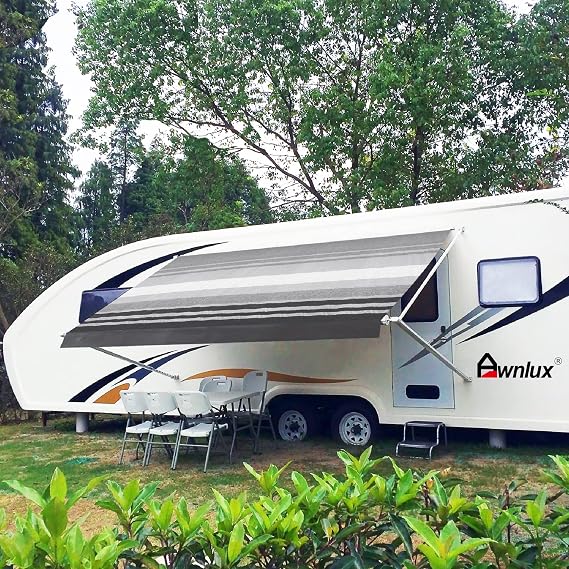 Awnlux 4-PLY Heavy Duty RV Awning Fabric Replacement Premium Grade Vinyl Camper Awning Replacement with Awning Press Plate & Pull Strap for RV Trailer Motorhome - 10' (Fabric 9'2"), Black Strip